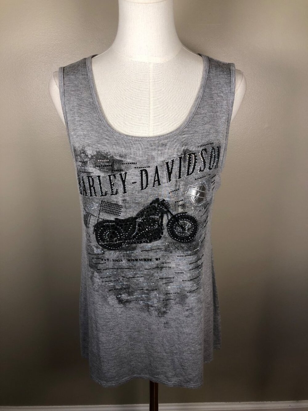 Harley Davidson Gray Scoop Tank Top With Rhinestones & Motorcycle Graphics Sz S